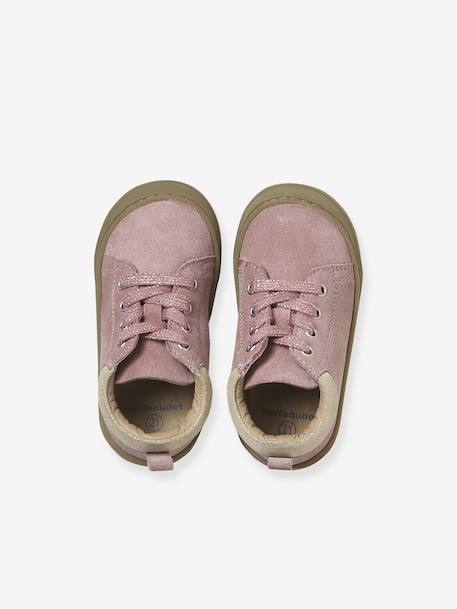 Baby eerste stapjes, veterschoenen van soepel leer bruin+donkerbruin+fuchsia+goudgeel+rozen - vertbaudet enfant 