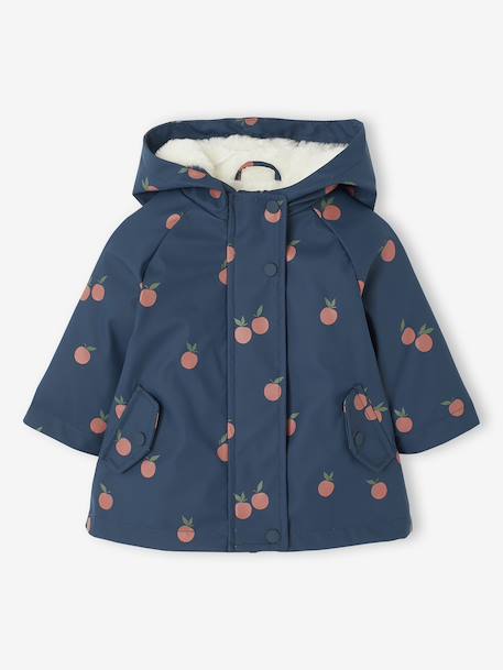 Regenjas met capuchon voor babymeisjes met bloemenprint en voering nachtblauw+roze, bedrukt - vertbaudet enfant 