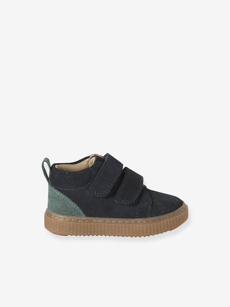 Lederen bottines met klittenband voor jongensbaby''s marineblauw+taupe - vertbaudet enfant 