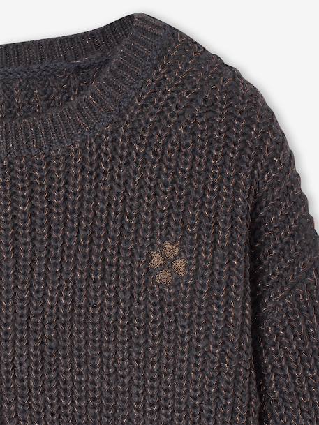 Gebreide meisjestrui met iriserende badge en parels antraciet+paars - vertbaudet enfant 