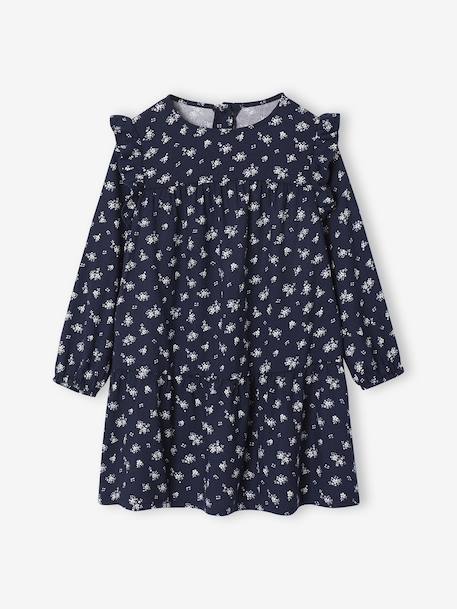 Bedrukte jurk met ruches voor meisjes marineblauw+saliegroen+vanille - vertbaudet enfant 