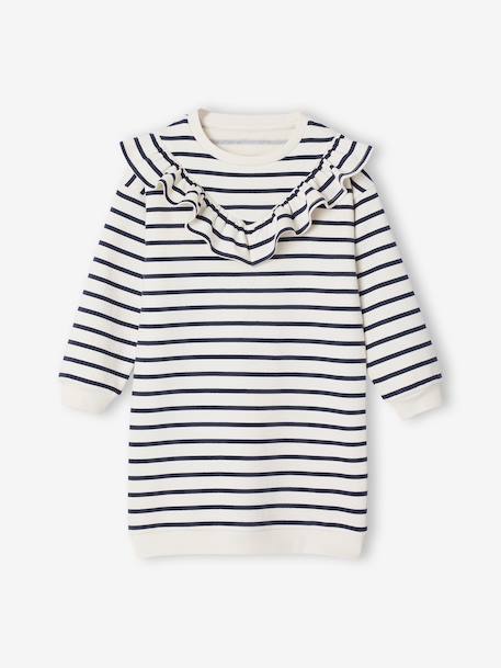 Jurk van sweaterstof met ruches voor meisjes ecru+smaragdgroen+vanille - vertbaudet enfant 