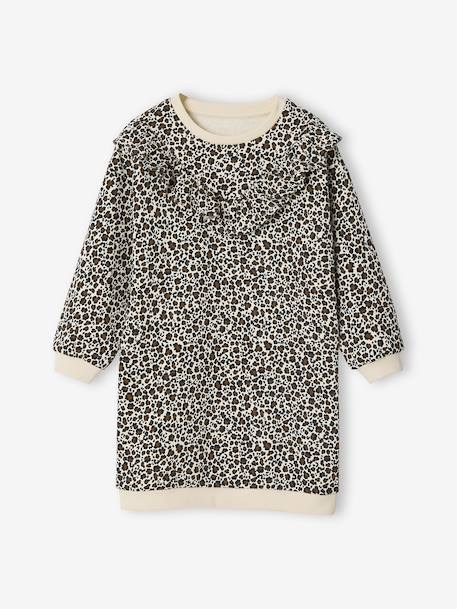 Jurk van sweaterstof met ruches voor meisjes ecru+smaragdgroen+vanille - vertbaudet enfant 