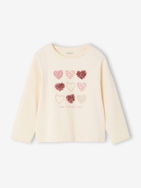 T-shirt voor meisjes met hartjesprint en lange mouwen ecru+rouge - vertbaudet enfant 