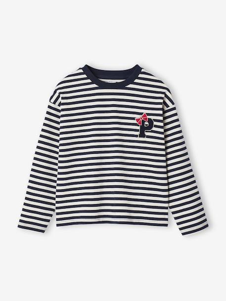 Gestreepte T-shirt met patch en sierstrik voor meisjes marineblauw, gestreept - vertbaudet enfant 
