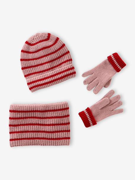 Gestreept set voor meisjes muts + snood + wanten/handschoenen rouge - vertbaudet enfant 