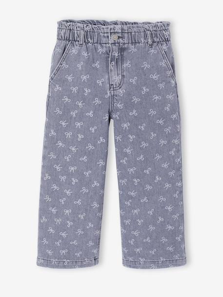 Wijde jeans in paperbagstijl met bloemmotieven voor meisjes denimgrijs+grijs+lichtblauw - vertbaudet enfant 