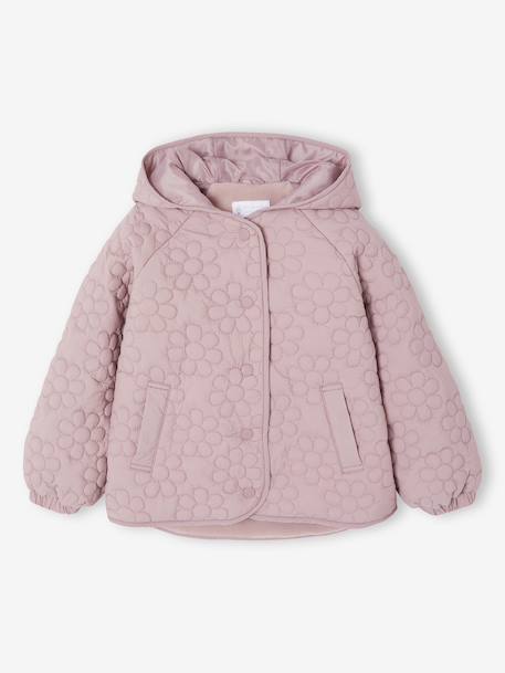 Donsjack met capuchon, lichtgewicht, met bloemen voor meisjes groengrijs+zachtpaars - vertbaudet enfant 
