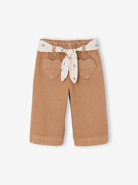 Wijde broek met kleur babymeisje met riem om te strikken beige+donkerpaars+karamel - vertbaudet enfant 