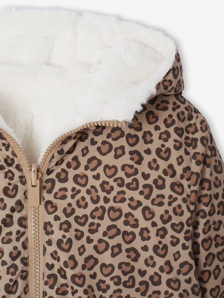Omkeerbare windjack met capuchon voor meisjes, luipaard/sherpa beige+vanille - vertbaudet enfant 
