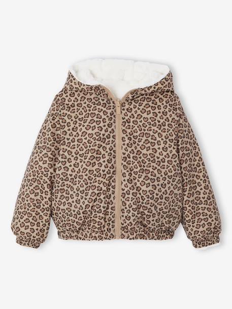 Omkeerbare windjack met capuchon voor meisjes, luipaard/sherpa beige+vanille - vertbaudet enfant 