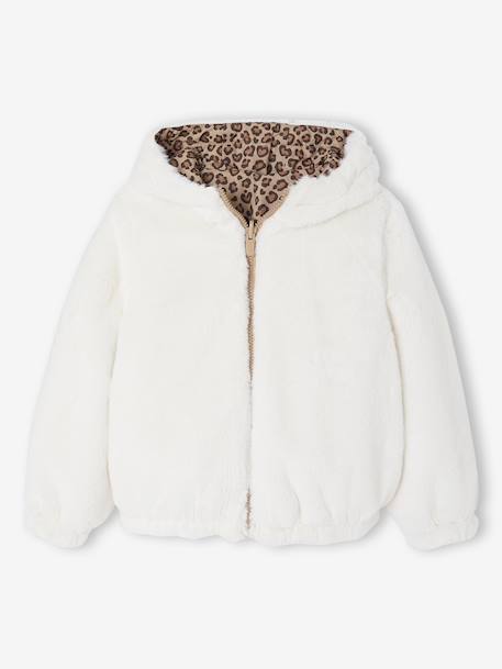 Omkeerbare windjack met capuchon voor meisjes, luipaard/sherpa beige+vanille - vertbaudet enfant 