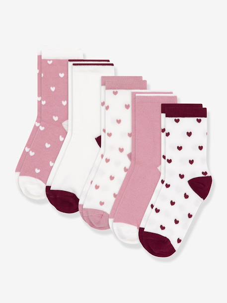 Set van 5 paar kindersokken van katoen met hartjesprint PETIT BATEAU rozen - vertbaudet enfant 