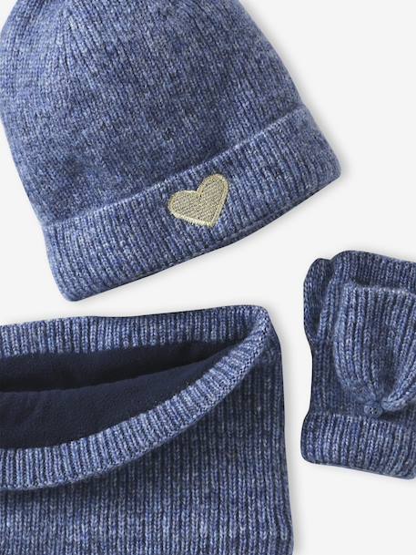 Meisjes set muts « C½ur » + snood + wanten/handschoenen ecru+marineblauw - vertbaudet enfant 