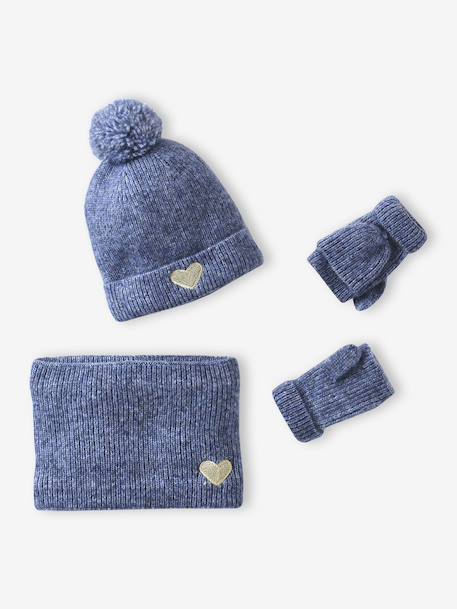 Meisjes set muts « C½ur » + snood + wanten/handschoenen ecru+marineblauw - vertbaudet enfant 