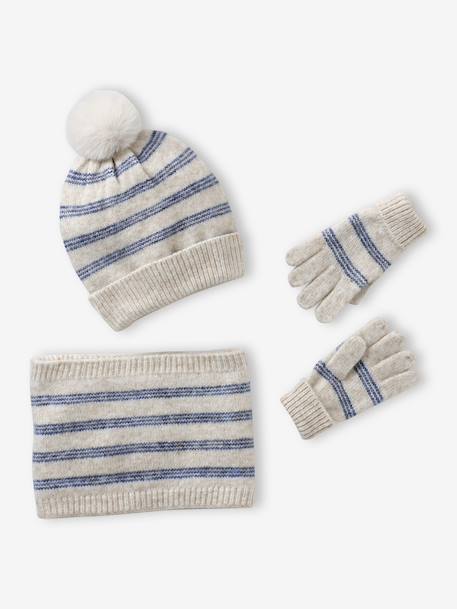 Gestreepte set voor meisjes muts + snood + wanten/handschoenen vanille - vertbaudet enfant 