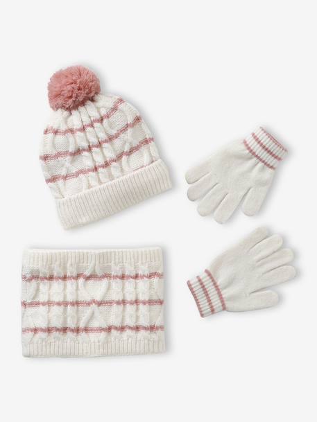Gevlochten set voor meisjes muts + snood + wanten/handschoenen ecru - vertbaudet enfant 