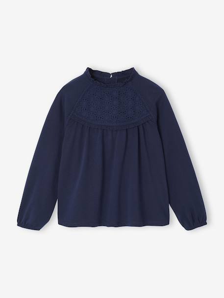 Shirt van Engels borduurwerk voor meisjes bleekblauw+donkergroen+ecru+marineblauw+zachtpaars - vertbaudet enfant 