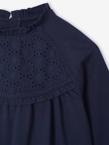 Shirt van Engels borduurwerk voor meisjes bleekblauw+donkergroen+ecru+marineblauw+zachtpaars - vertbaudet enfant 