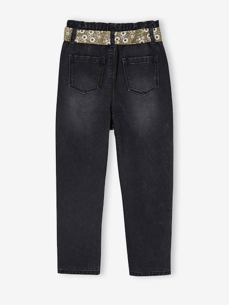 Paperbag jeans met bloemenriem voor meisjes denimgrijs+onbewerkt denim+stone+zwart - vertbaudet enfant 