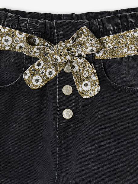 Paperbag jeans met bloemenriem voor meisjes denimgrijs+onbewerkt denim+stone+zwart - vertbaudet enfant 