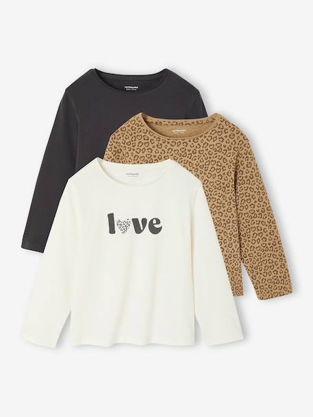 Set van 3 BASICS meisjesshirts met lange mouwen antraciet+ecru+grijsblauw+indigoblauw+koraal+rozen+zachtpaars - vertbaudet enfant 