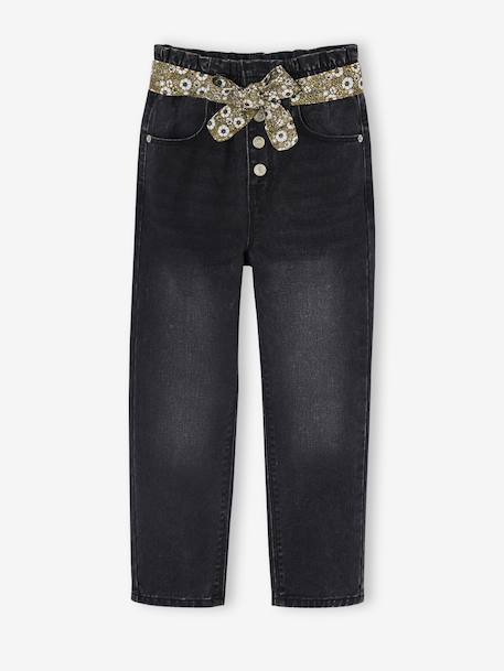 Paperbag jeans met bloemenriem voor meisjes denimgrijs+onbewerkt denim+stone+zwart - vertbaudet enfant 