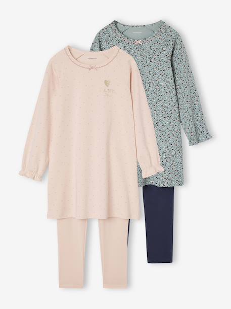 Set van 2 nachtjurk + legging voor meisjes Bloemen lichtroze - vertbaudet enfant 