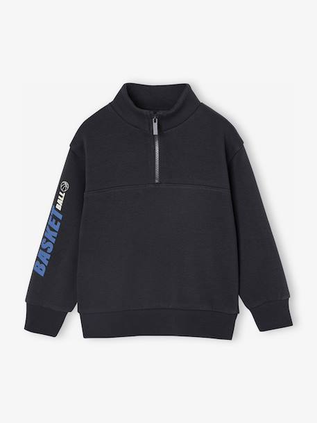 Jongenssweatshirt met truckerskraag en basketbalmotief op de mouw antraciet+hazelnoot - vertbaudet enfant 