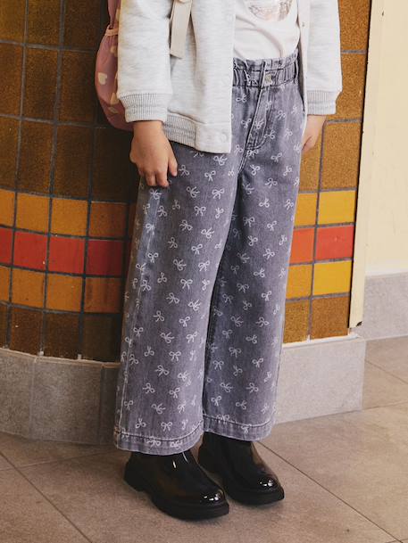 Wijde jeans in paperbagstijl met bloemmotieven voor meisjes denimgrijs+grijs+lichtblauw - vertbaudet enfant 