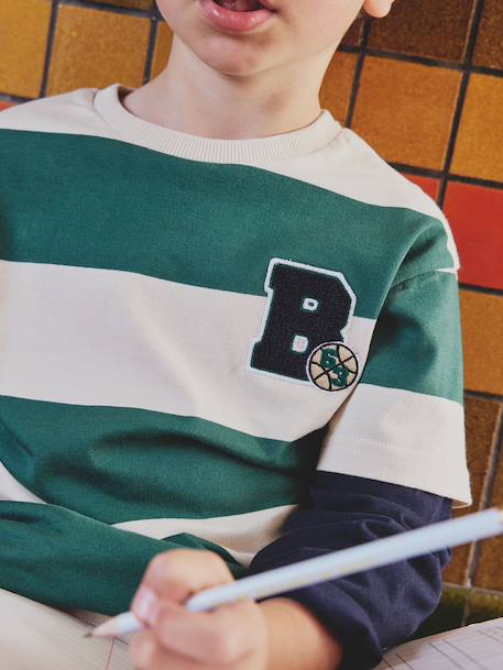 Gestreept T-shirt met dubbele mouweffect groen, gestreept+middenblauw+rood, gestreept - vertbaudet enfant 