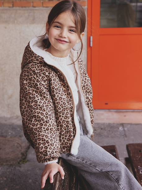 Omkeerbare windjack met capuchon voor meisjes, luipaard/sherpa beige+vanille - vertbaudet enfant 
