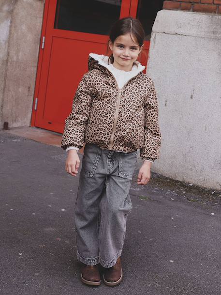 Omkeerbare windjack met capuchon voor meisjes, luipaard/sherpa beige+vanille - vertbaudet enfant 