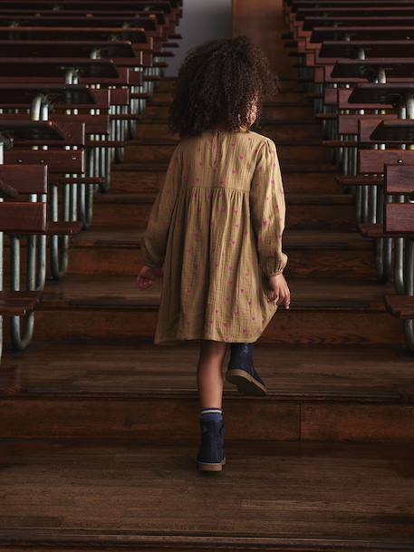 Jurk van katoenen gaas met sierstrikken ecru+olijf - vertbaudet enfant 
