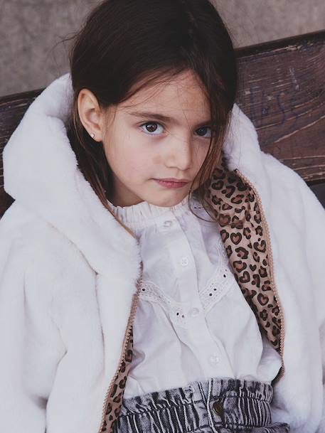 Omkeerbare windjack met capuchon voor meisjes, luipaard/sherpa beige+vanille - vertbaudet enfant 