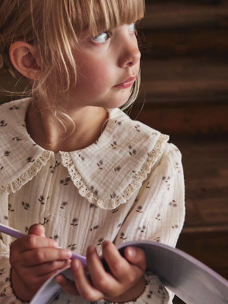 Meisjesblouse van katoenen gaas met kraag met Engels borduurwerk ecru+pruim - vertbaudet enfant 