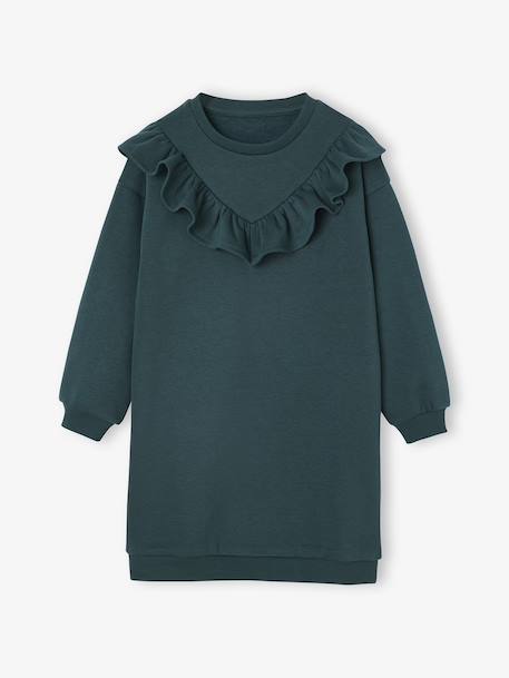 Jurk van sweaterstof met ruches voor meisjes ecru+smaragdgroen+vanille - vertbaudet enfant 