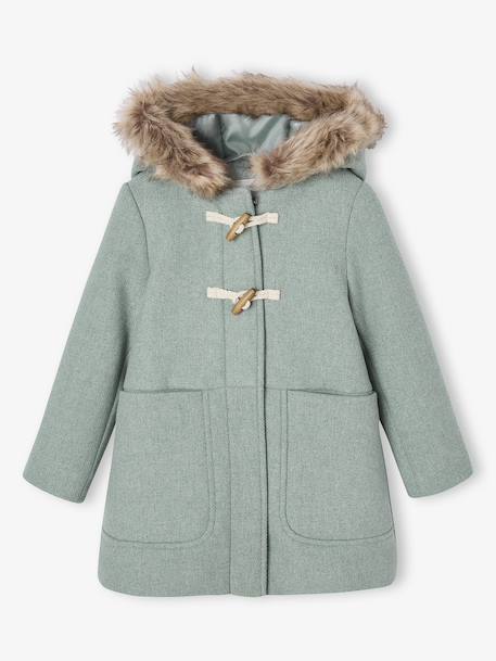 Duffel met capuchon van wol met houtje-touwtjeknopen groengrijs+kameel+pruim+rouge - vertbaudet enfant 