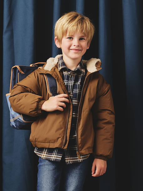Windjack met capuchon en sherpavoering voor jongens kaki+karamel+marineblauw+olijf - vertbaudet enfant 