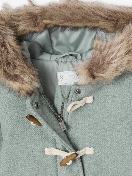 Duffel met capuchon van wol met houtje-touwtjeknopen groengrijs+kameel+pruim+rouge - vertbaudet enfant 