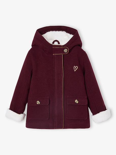 Mantel met capuchon van wol met sherpa voering voor meisjes bordeauxrood+donkergroen+geel - vertbaudet enfant 