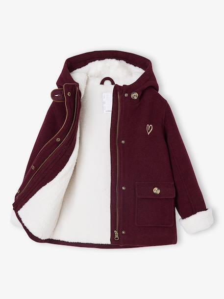 Mantel met capuchon van wol met sherpa voering voor meisjes bordeauxrood+donkergroen+geel - vertbaudet enfant 