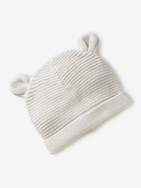 Babyset muts, wanten en sloffen van biologisch katoen en zijn aanpasbare pochon ecru+gemêleerd beige+rozen - vertbaudet enfant 