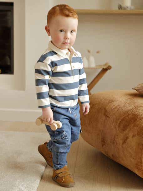 Gestreept polo t-shirt voor baby's met lange mouwen cacao+grijsblauw - vertbaudet enfant 