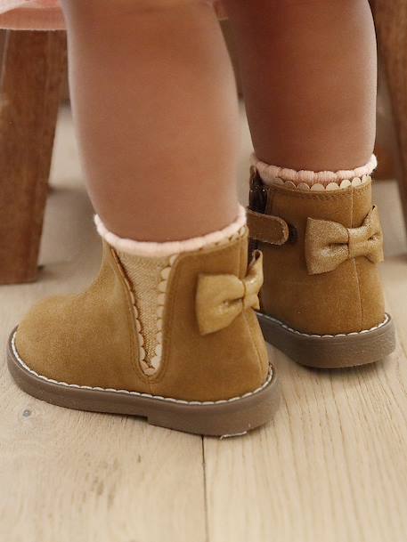 Elastische leren laarsjes voor meisjesbaby's beige, bedrukt+bordeauxrood+CAMEL+marineblauw+zwart - vertbaudet enfant 