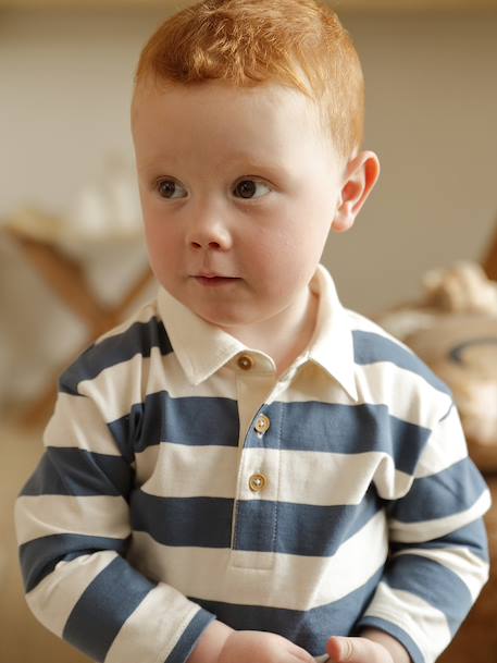 Gestreept polo t-shirt voor baby's met lange mouwen cacao+grijsblauw - vertbaudet enfant 