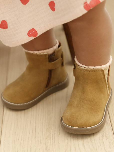 Elastische leren laarsjes voor meisjesbaby's beige, bedrukt+bordeauxrood+CAMEL+marineblauw+zwart - vertbaudet enfant 