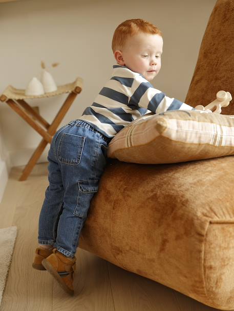 Gestreept polo t-shirt voor baby's met lange mouwen cacao+grijsblauw - vertbaudet enfant 