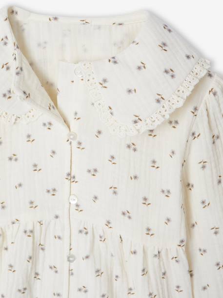 Meisjesblouse van katoenen gaas met kraag met Engels borduurwerk ecru+pruim - vertbaudet enfant 