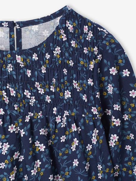 Jurk met smokwerk en bloemmotief met lange mouwen inktblauw+vanille - vertbaudet enfant 